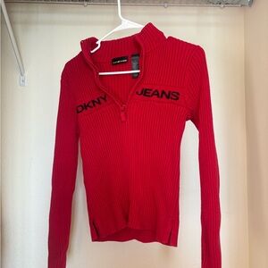𓂃 ࣪˖ ִֶָ⋅ᡣ𐭩 ་༘࿐ Y2K EARLY 2000s CHERRY RED RIBBED DKNY JEANS QUARTER ZIP-UP
